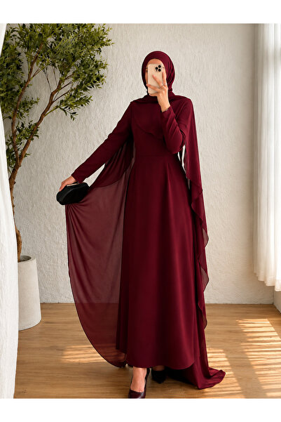 Mava Lady Kadın Bordo Pelerin Detaylı Şık Elbise