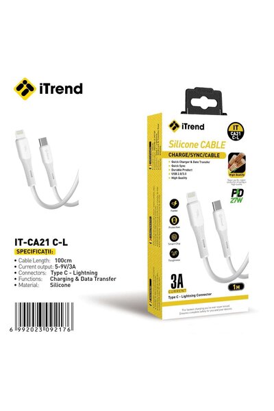 itrend Cablu USB-C la Lightning iTrend, 1 m, Încărcare Rapidă PD 27W, Silicon...