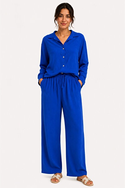 Sibel Günay Butik Parliament Blue Casual Shirt and Waist Elastic Pleated Trou...