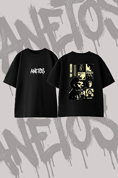 Anetos تي شيرت The Weeknd_85 مصنوع من القطن الأسود المطبوع من الخلف بمقاس كبير