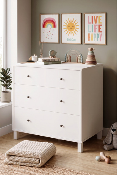 Yurudesign Noren Geniş Şifonyer 4 Çekmeceli Ahşap Ayaklı Bebek ve Çocuk Odası...