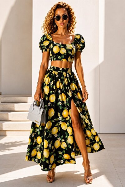 FashionForYou Σετ με μακριά φούστα, Ιολάντα, φουσκωτό τοπ και στάμπα λεμονιών...