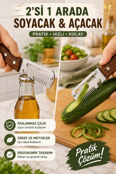 VİSLUNA 3'ü 1 Arada Sebze Soyacağı Julienne Dilimleyici Paslanmaz Çelik Soyma Bıçağı Şişe Açacaklı Ahşap Saplı
