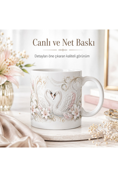HiperAD Reklam Romantik Kuğu Çifti Desenli Porselen Kupa Bardak 300 ML – Sevg...