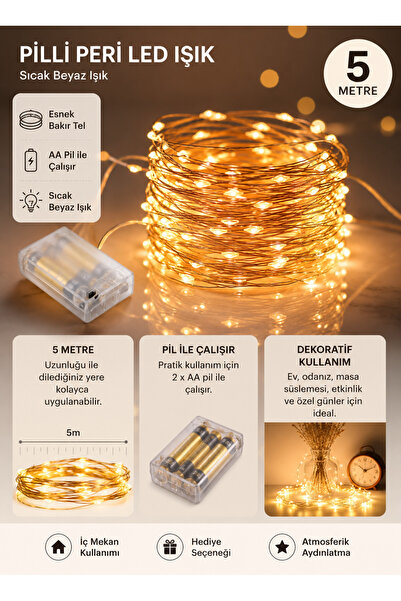 BLUE SİDE Peri Led Işık 5 Metre Pilli Sıcak Beyaz Dekoratif Bakır Tel Led Zin...