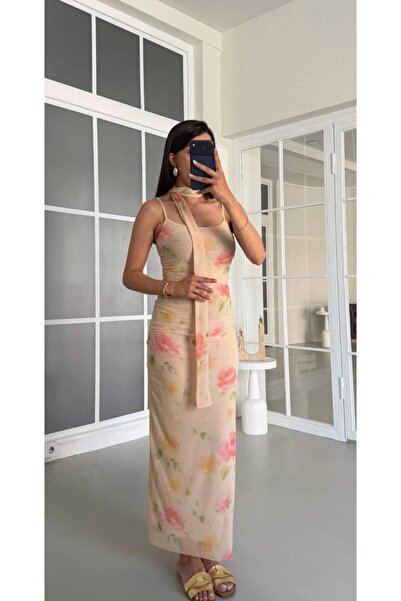 Olbia Women's Beige Floral Scarf Long Tulle Dress with Drawstring Straps