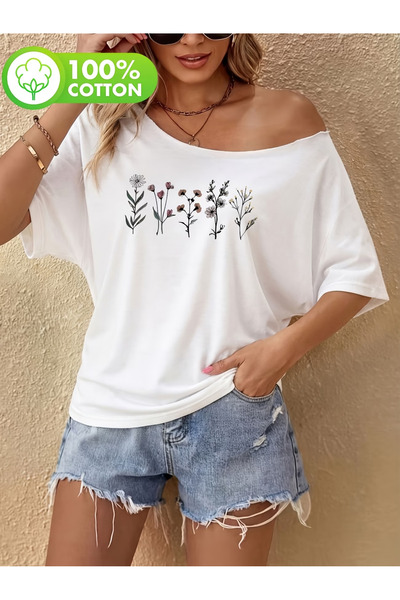 PALPİTO تي شيرت نسائي ذو ياقة قاربية كبيرة الحجم مطبوع عليه زهور من Flower Ga...
