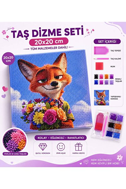 KOZMİK GİFT 20x20Cm Taş Dizme Sanatı Seti Sevimli Tilki Ve Çicek Buketi Mozai...