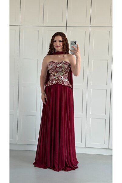 ayşenur Dinçer butik Majeste Özel Şifon Abiye Bordo
