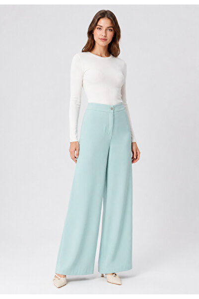 exxitcollection Elastic Waist Women's Aqua Green Trousers Wide Leg Non-See-Th...