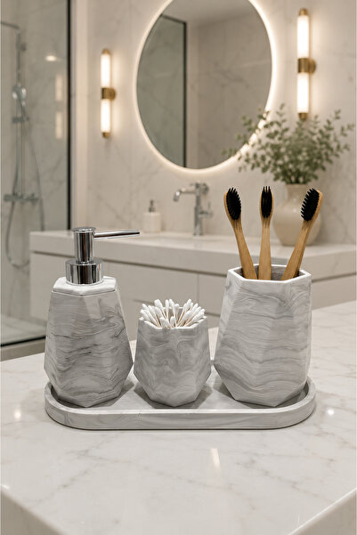Lyzovi 4 Parça Mermer Desenli Premium Banyo Seti | Lüks Sabunluk, Fırçalık, K...