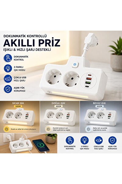 MATECHNO 2 Soketli Çoklu Priz | PD20W Type-C + QC3.0 Hızlı Şarj | 2 USB 3.4A ...