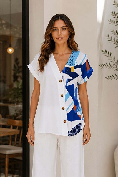 Mossta V-Neck Button Detailed Patterned Atlas Blouse - Blue