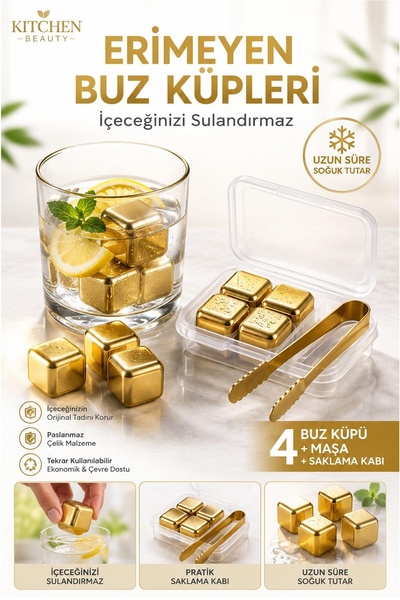 Kitchen Beauty 4 Adet Gold Paslanmaz Çelik Buz Kalıbı Soğutma Taşı Maşalı Yen...
