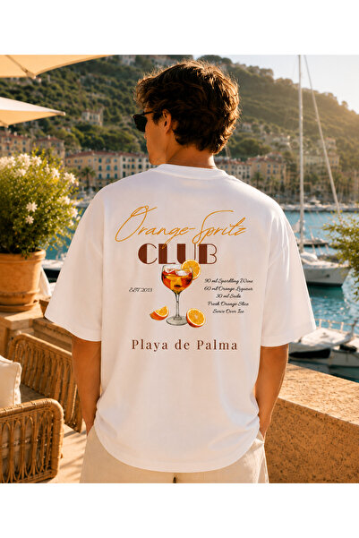 Modivibe Orange Spritz Club Playa De Palma Oversize White Printed Unisex T-Sh...