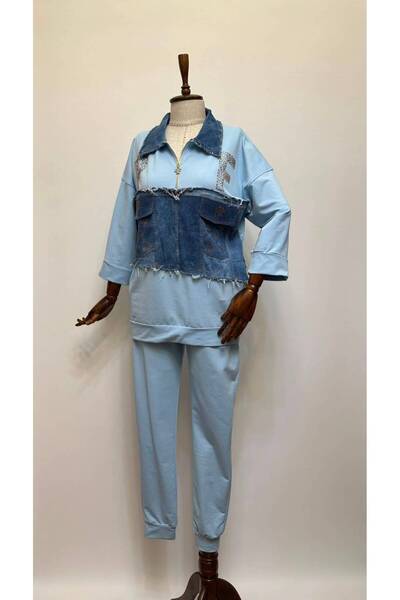 Taş Detaylı Jean Garnili Oversize İkili Takım- Bebe Mavisi