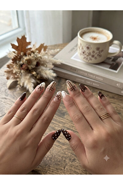 Shades On Nails Handmade Press-On Nails Set - Cozy Brown Plaid & Nude French ...