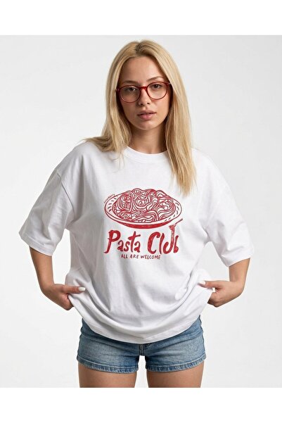 TrendAllStore Pasta Club Printed Short Sleeve Oversize Basic T-Shirt