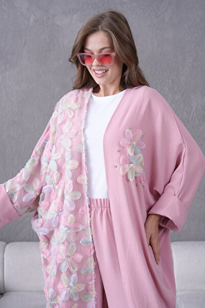 Moda Neval Kadın Çiçek İşlemeli Kimono Alt Üst Takım
