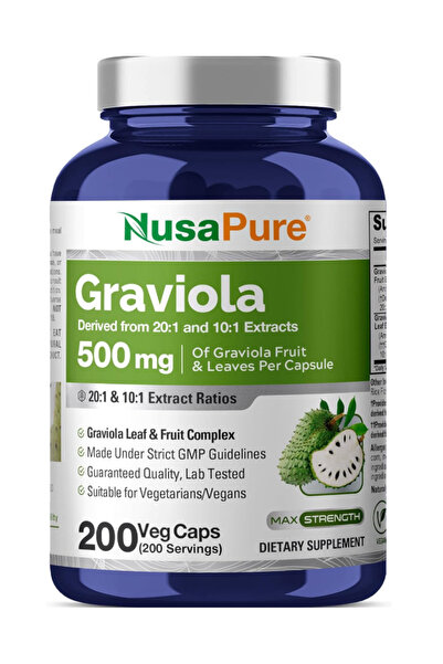 NusaPure Herbs Graviola Capsules, 500 mg, 200 Veg Capsules (Non-GMO, Vegan)