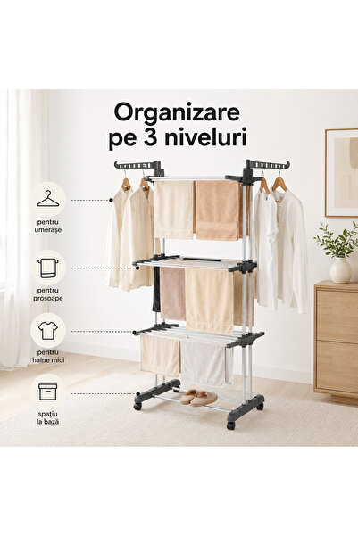 Fabrilux Uscător de Rufe Vertical Pliabil XXL, 3 Niveluri, Suporturi pentru Umerașe, Compact și Stabil, 175 × 71 × 63,5 cm, Gri-Alb