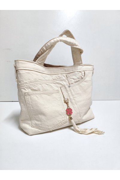 minart design Cream Denim Design Recycling Shoulder Bag with Pockets (with Crossbody Strap as a Gift)