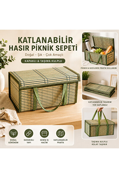 royalscent Katlanabilir Hasır Piknik Sepeti – Bambu Görünümlü Kapaklı Çok Ama...