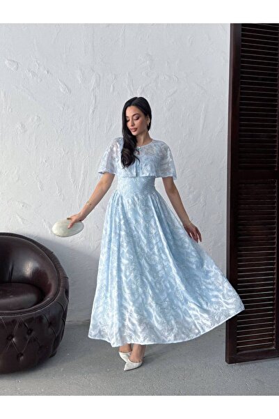 maf collection فستان سهرة طويل للنساء باللون الأزرق مع أشرطة سميكة وياقة مربع...