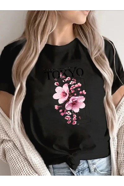 799 تي شيرت قطني بأكمام قصيرة بتصميم زهر الكرز في طوكيو، خفيف الوزن ومتين للا...