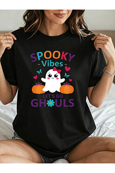 KYMC07 تي شيرت نسائي بطبعة Spooky Vibes Let's Go Ghouls - تي شيرت بأكمام قصير...