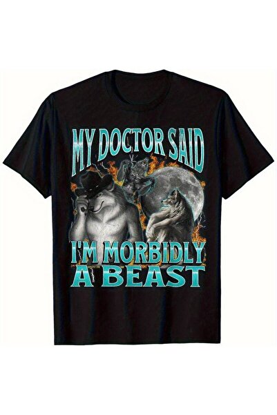 45 BPM تي شيرت رجالي أسود بأكمام قصيرة بتصميم 'MY DOCTOR SAID I'M MORBIDLY A ...