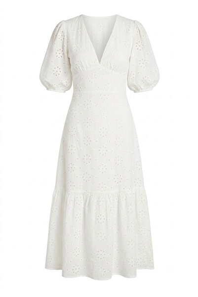 Ruby Brode V-Neck Floral Embroidered Dress Ecru
