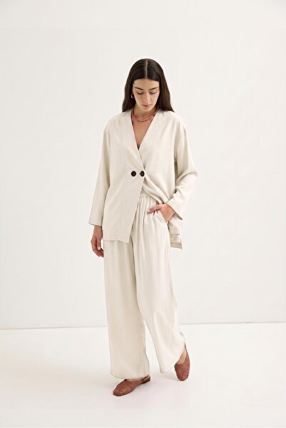 KADRİYE BAŞTÜRK Double-Breasted Closure Modal Tunic Trouser Set Ecru