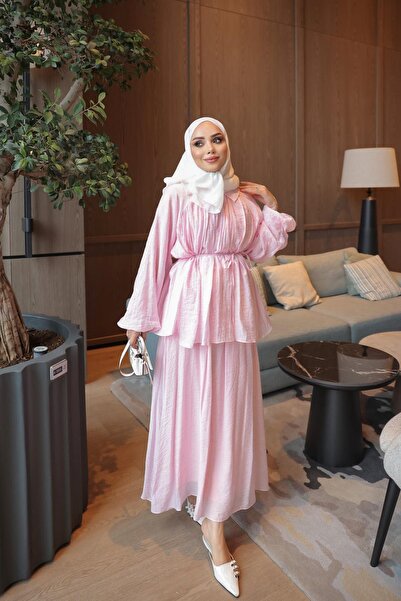İmajButik Pembe Bel İp Bağlamalı Gömlek Etekli Takım