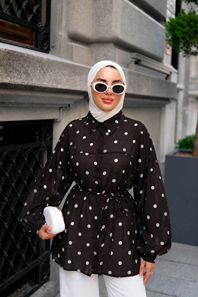 LOCCO Women's Balloon Sleeve Large Polka Dot Detailed Viscose Shirt Bitter Brown
