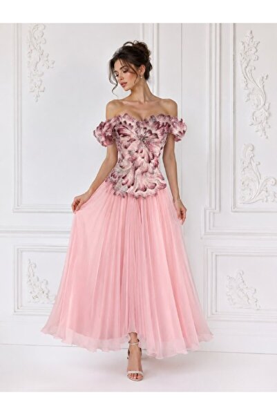 ranin Light Pink Evening Dress with Gazar Embroidery and Double Pleated Cloch...