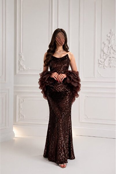 ranin Dark Brown Evening Dress Embroidery Beading Gajara Jacket Laser