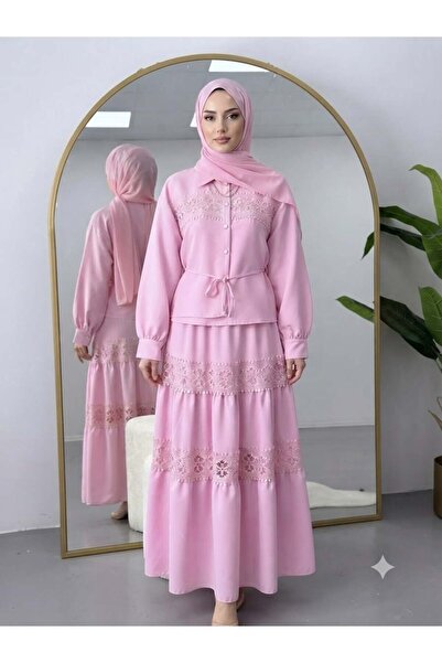 modasindoma Lace Trim Shirt and Skirt Set Pink