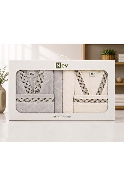 Özdilek Nev Series -Snug Gray Cream- Velvet Cotton 6 Piece Family Bathrobe Set