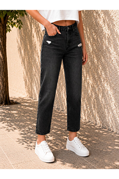 MARA BRANCO Women's Black High Waist Mom Fit Ripped Detailed Denim Jean Pants