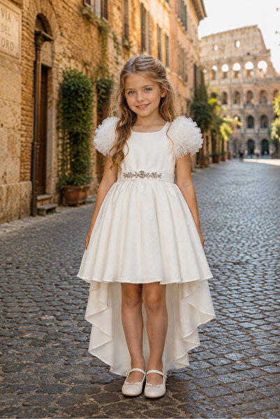 Mialora Girl's Stone Embellished, Belt Detailed, Watermelon Sleeve Tail Eveni...