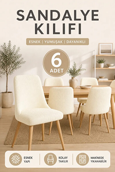 Softlife 6'lı Jakarlı Oval Sandalye Kılıfı - Krem, Likralı Yıkanabilir Sandal...