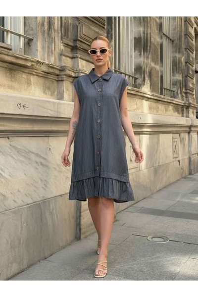 Royteks Fashion Kadın Tensel Boydan Düğmeli Denim Görünümlü Fırfırlı Gömlek E...