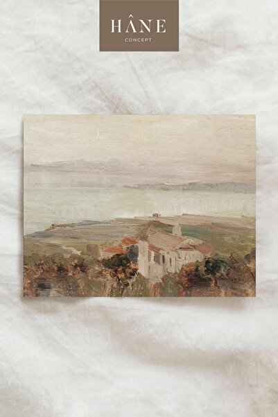 Vintage Beach Village Landscape Poster, Sea and Home Themed Classic Landscape