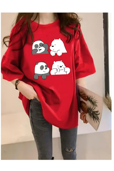 classy moda Tricou tunică roșu, lung, supradimensionat, imprimat, cu gât rotu...