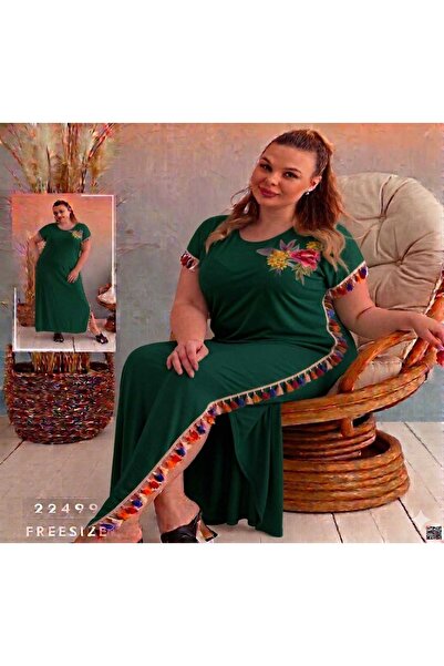 diğer0101 Emerald Green Tasseled Floral Embroidered Short Sleeve Home Dress