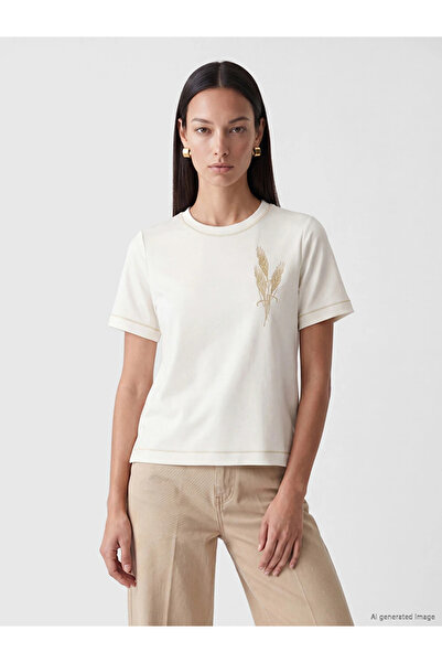 LC Waikiki White Embroidered Soft Touch Women's T-Shirt