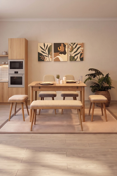 MAQ HOME Vina Mini Açılır Mutfak Masası Takımı 2 Sandalye 2 Tabure 1 Bench Ka...