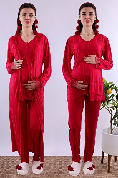 ByLohusa Prenatal and Postnatal Long Robe Maternity Pajama Set Effortt - Cherry