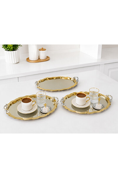 SUNVERA ÇELİK 2'li Gold Paslanmaz Çelik Oval Sunum Tepsisi 20x26 cm Gümüş Lük...